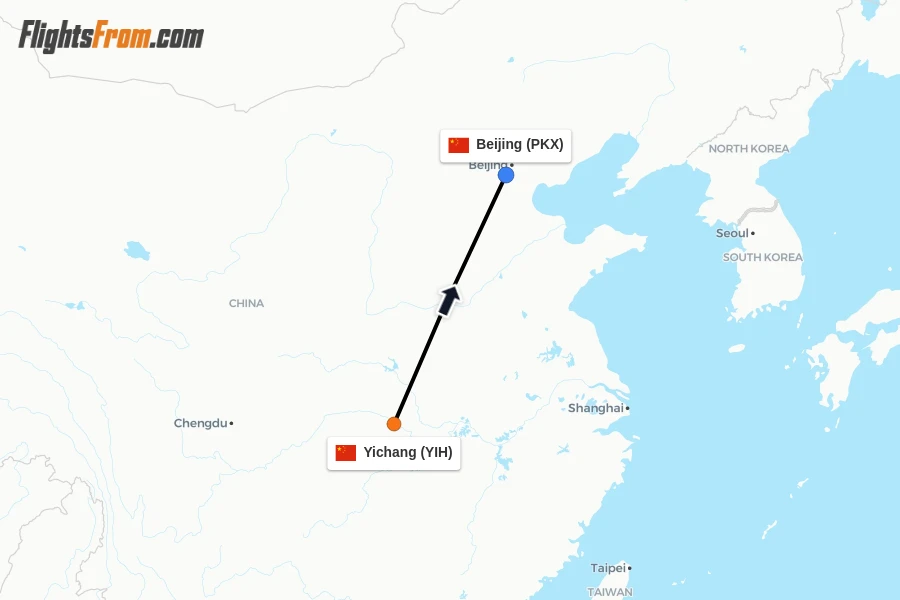 Flights from Yichang to Beijing route map