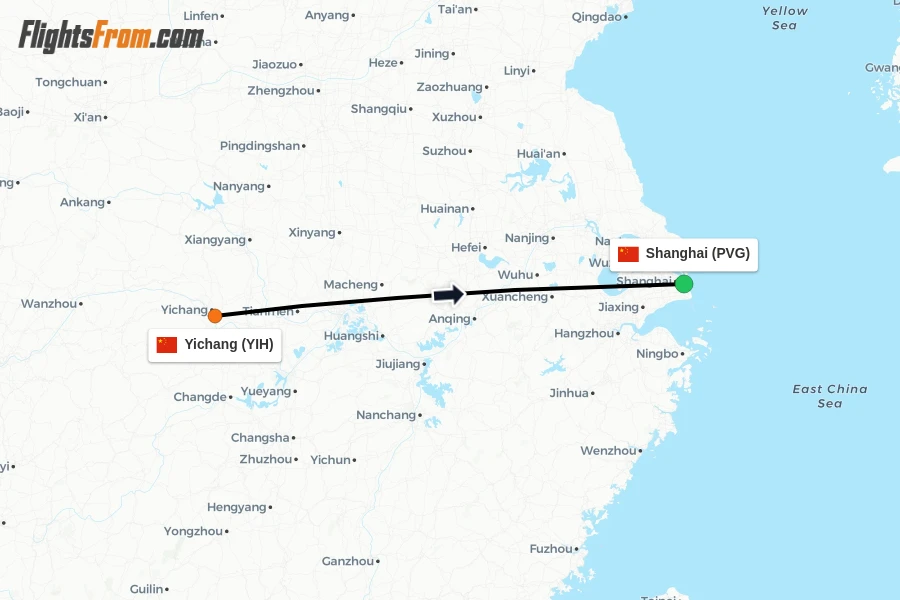 Flights from Yichang to Shanghai route map
