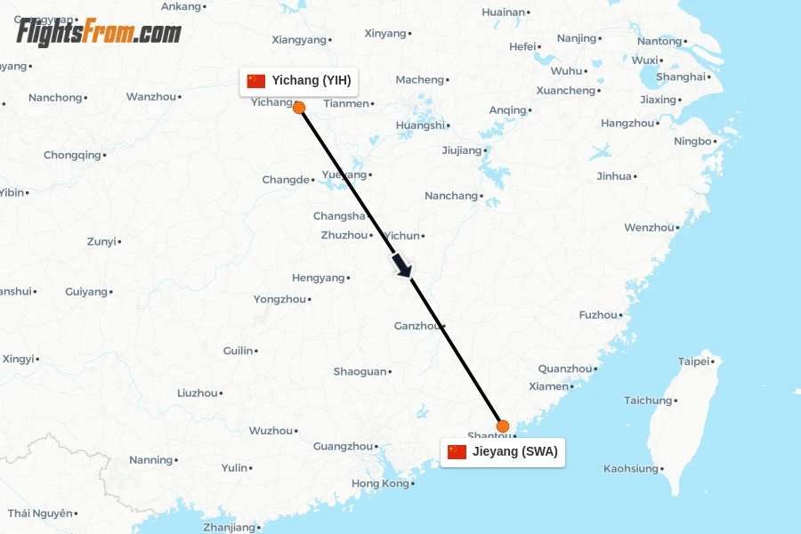 Flights from Yichang to Jieyang route map