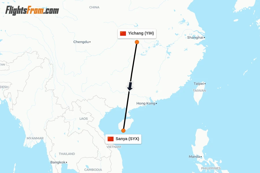 Flights from Yichang to Sanya route map