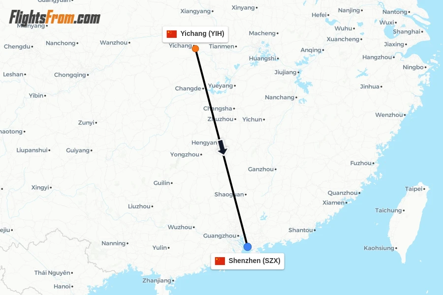 Flights from Yichang to Shenzhen route map