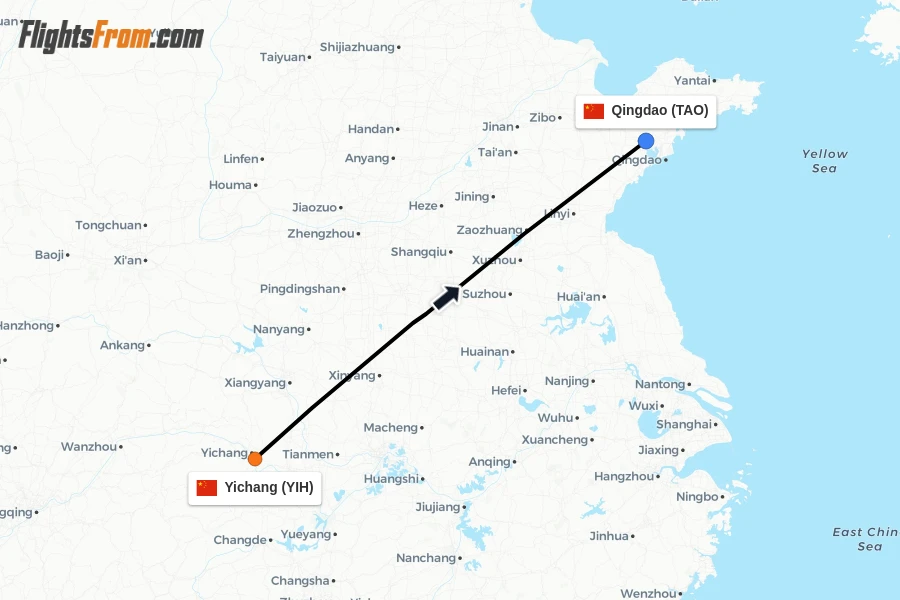 Flights from Yichang to Qingdao route map