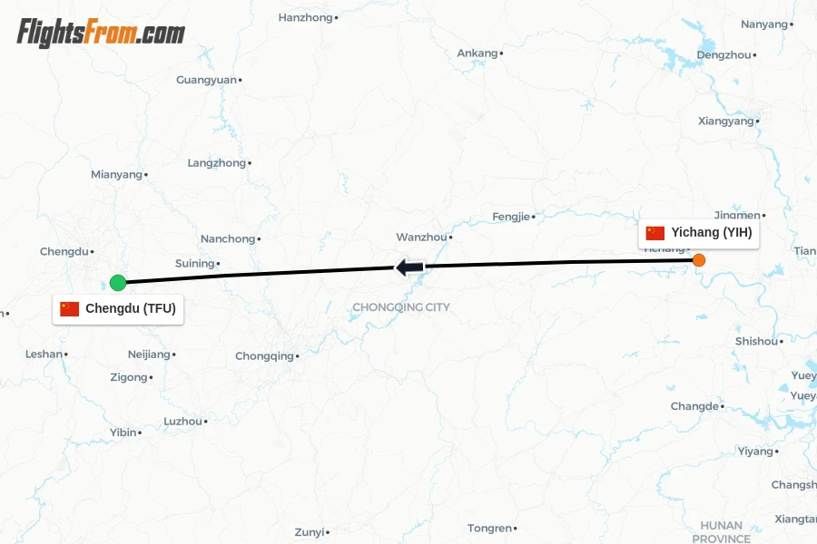 Flights from Yichang to Chengdu route map