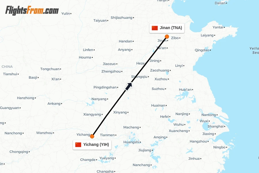 Flights from Yichang to Jinan route map