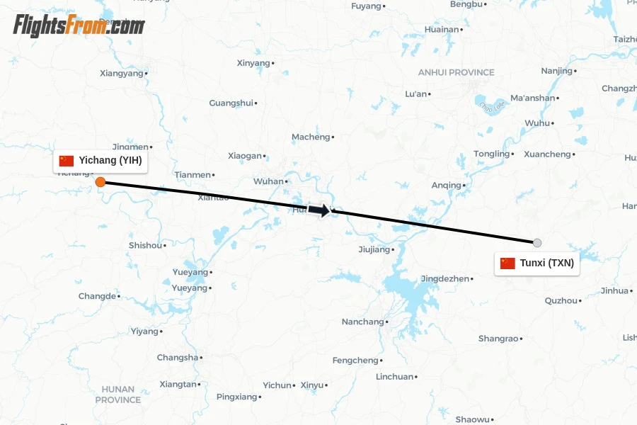 Flights from Yichang to Tunxi route map