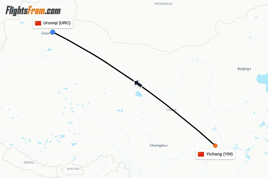 Flights from Yichang to Urumqi route map