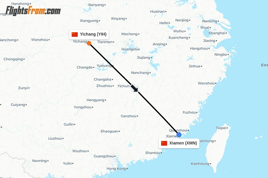 Flights from Yichang to Xiamen route map