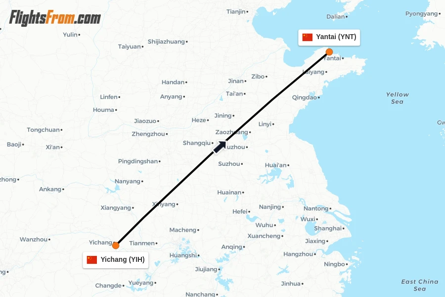 Flights from Yichang to Yantai route map