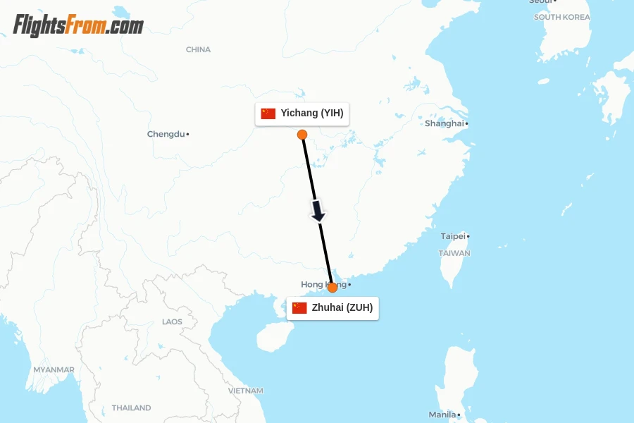 Flights from Yichang to Zhuhai route map