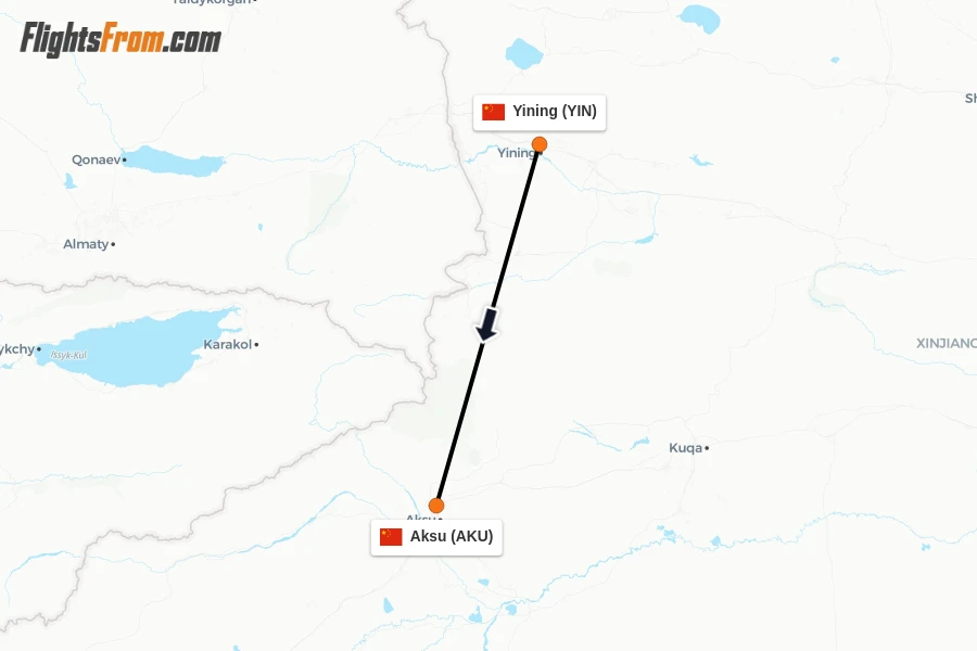 Flights from Yining to Aksu route map