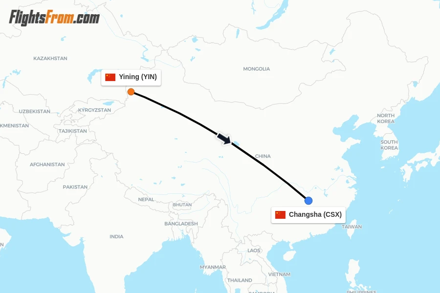 Flights from Yining to Changsha route map