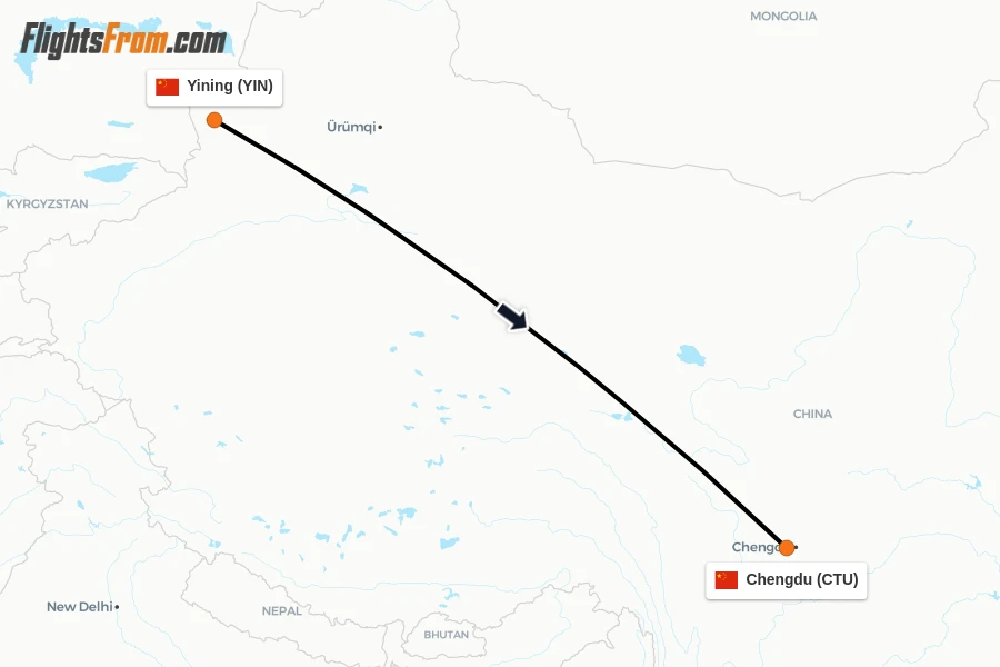 Flights from Yining to Chengdu route map