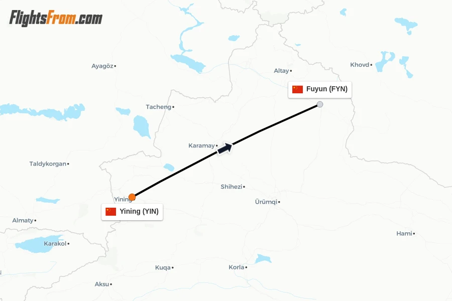 Flights from Yining to Fuyun route map