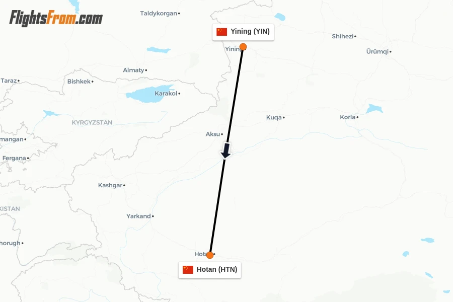 Flights from Yining to Hotan route map