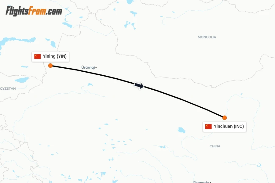 Flights from Yining to Yinchuan route map