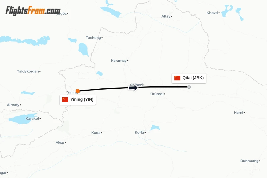 Flights from Yining to Qitai route map