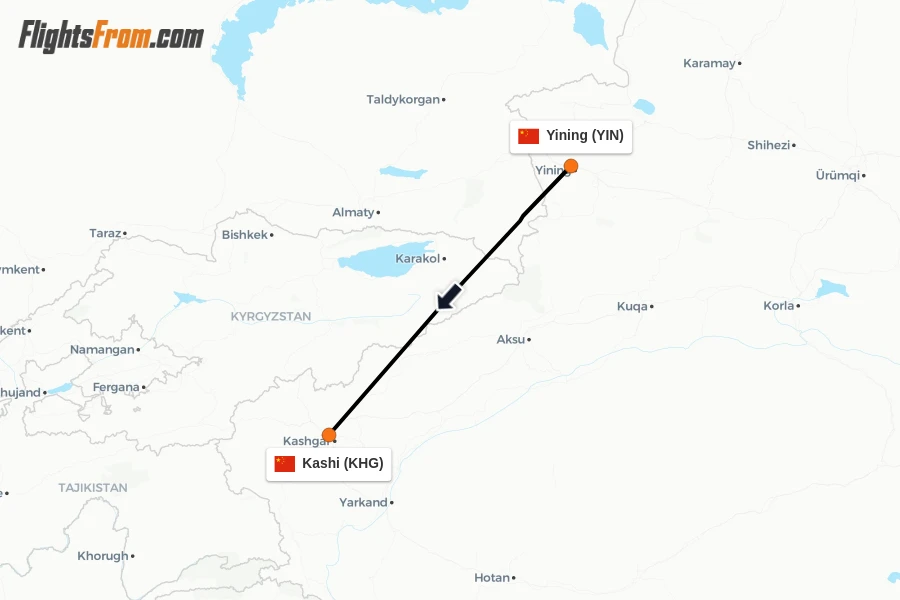 Flights from Yining to Kashi route map