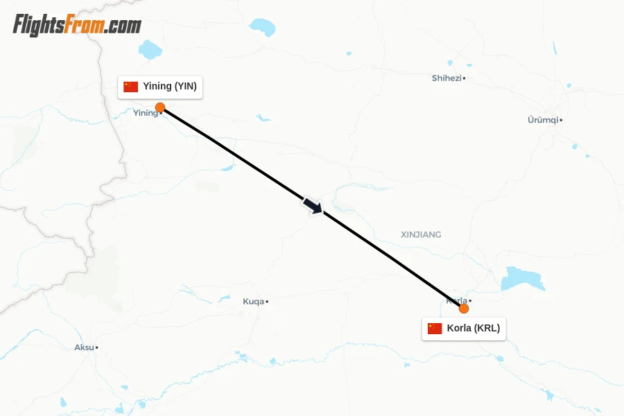 Flights from Yining to Korla route map