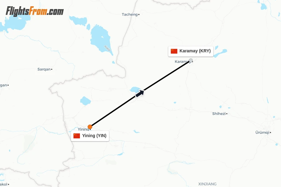 Flights from Yining to Karamay route map