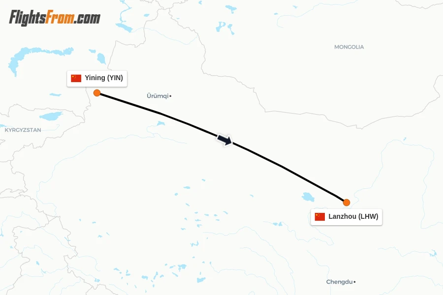Flights from Yining to Lanzhou route map