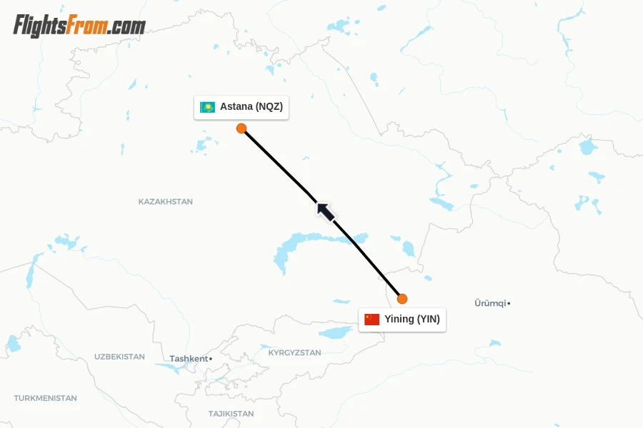 Flights from Yining to Astana route map