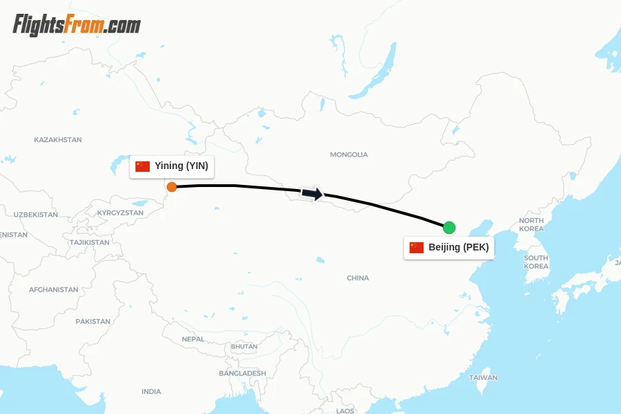 Flights from Yining to Beijing route map