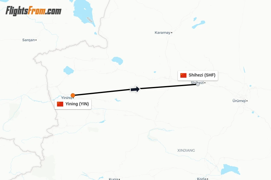 Flights from Yining to Shihezi route map