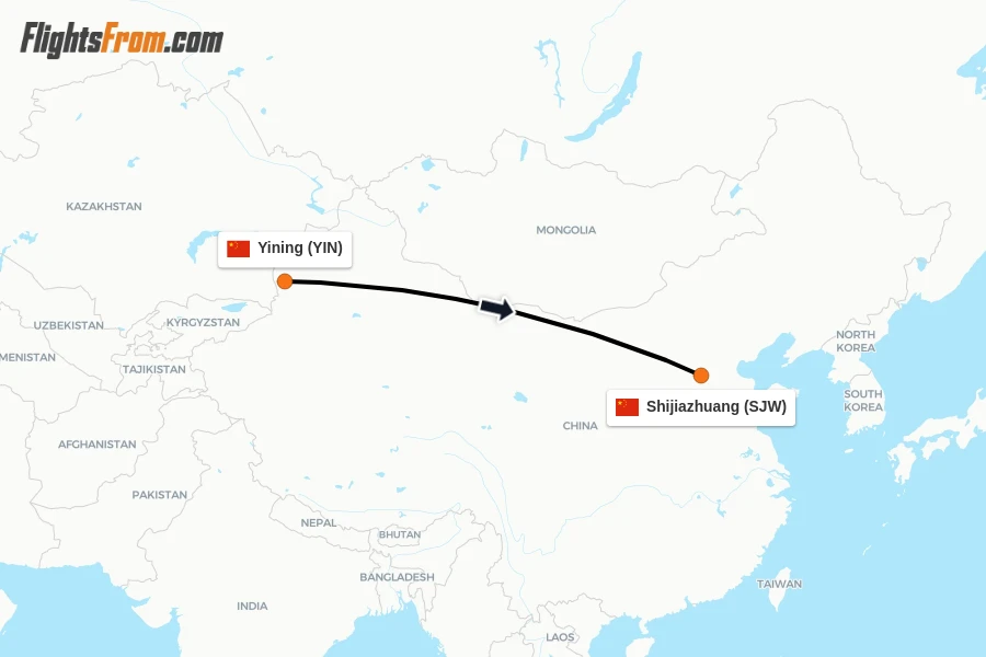 Flights from Yining to Shijiazhuang route map