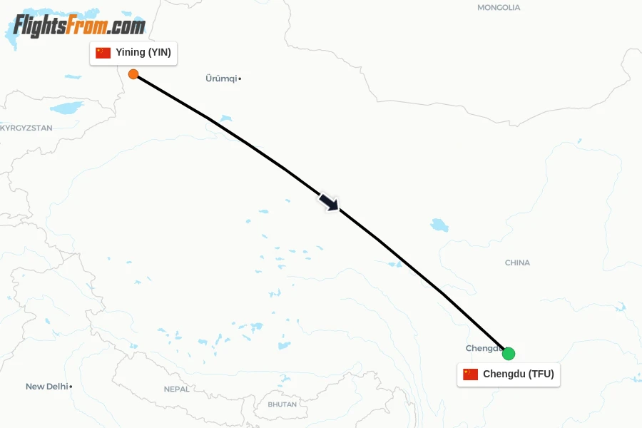 Flights from Yining to Chengdu route map