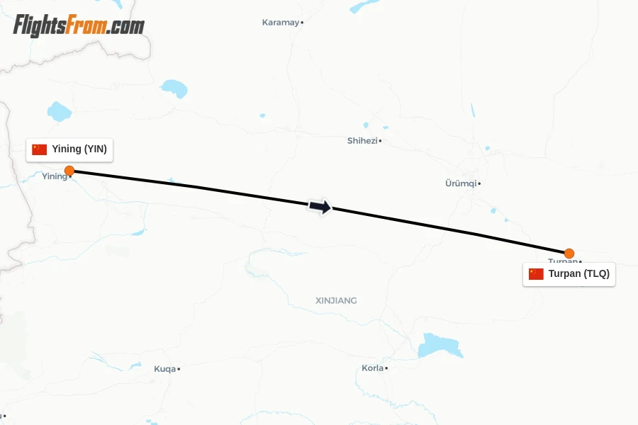Flights from Yining to Turpan route map