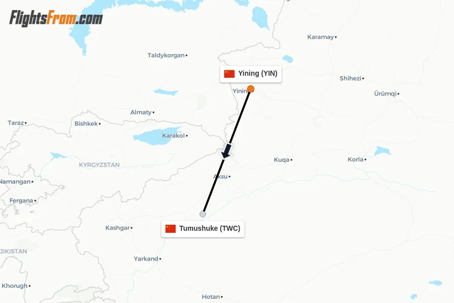 Flights from Yining to Tumushuke route map