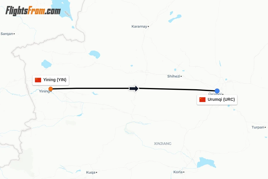 Flights from Yining to Urumqi route map