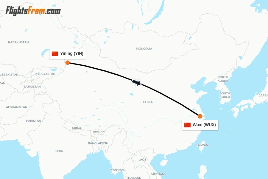 Flights from Yining to Wuxi route map