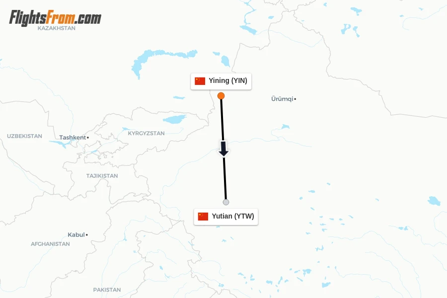 Flights from Yining to Yutian route map