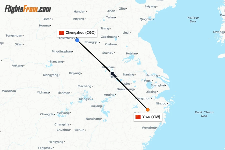 Flights from Yiwu to Zhengzhou route map