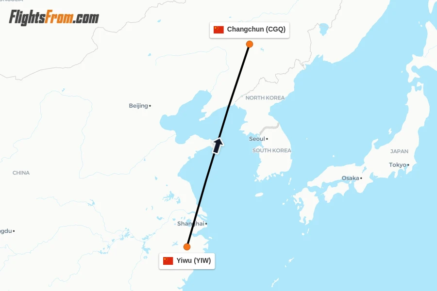 Flights from Yiwu to Changchun route map
