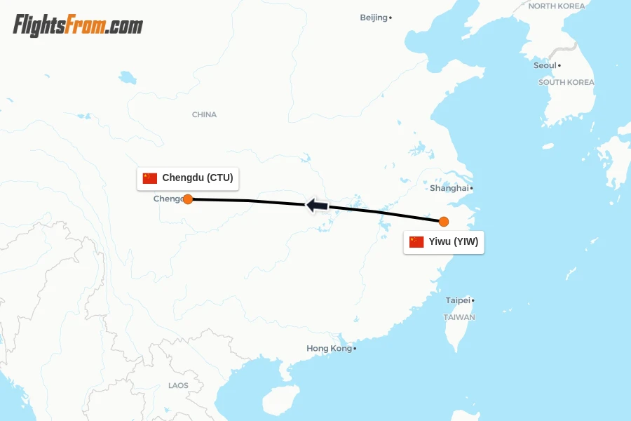 Flights from Yiwu to Chengdu route map