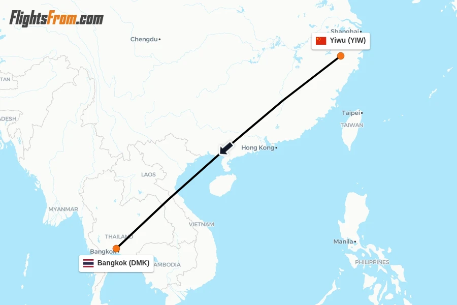 Flights from Yiwu to Bangkok route map