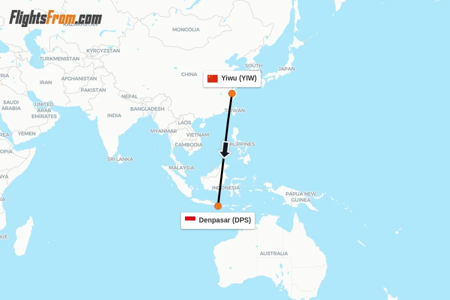 Flights from Yiwu to Denpasar route map