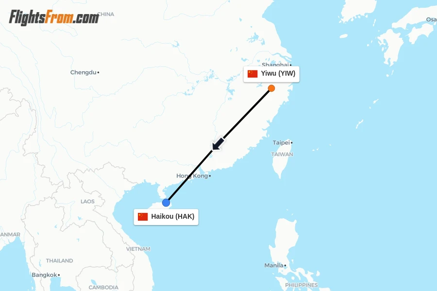 Flights from Yiwu to Haikou route map