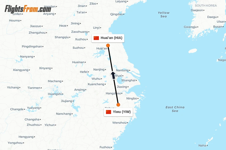 Flights from Yiwu to Huai'an route map