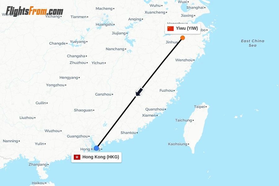 Flights from Yiwu to Hong Kong route map