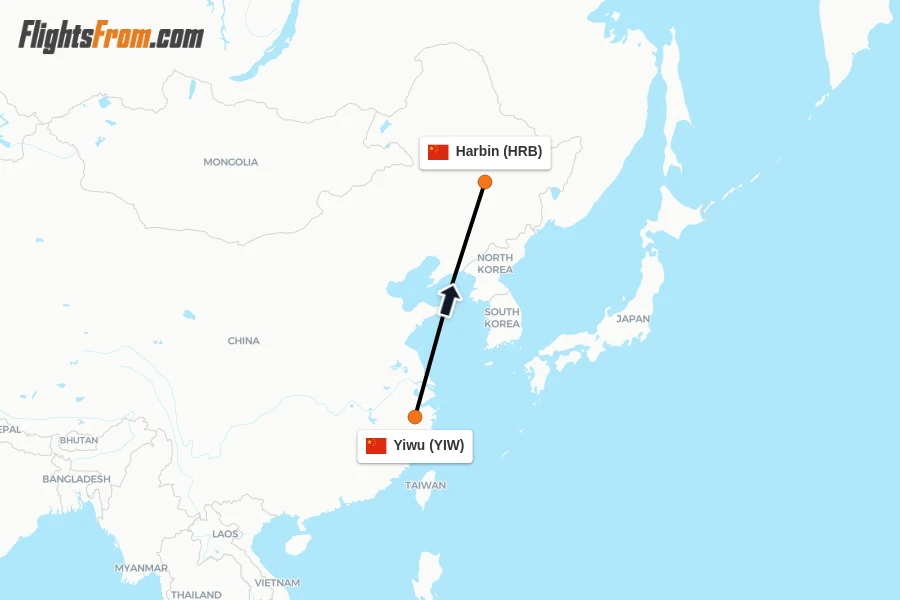 Flights from Yiwu to Harbin route map