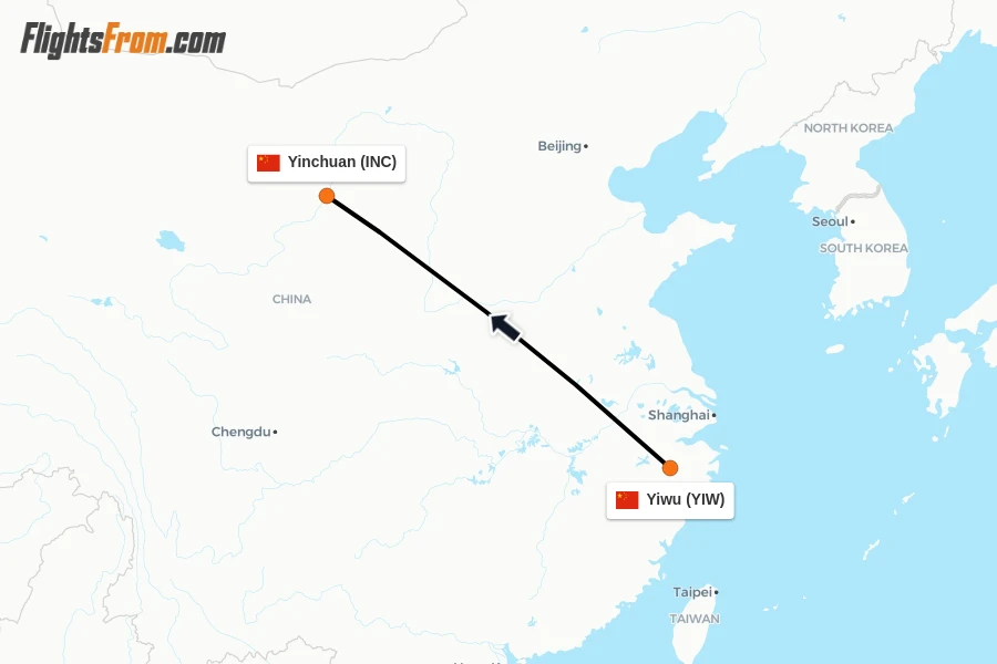 Flights from Yiwu to Yinchuan route map