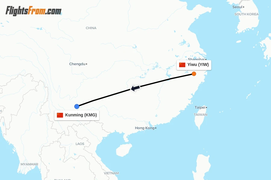 Flights from Yiwu to Kunming route map