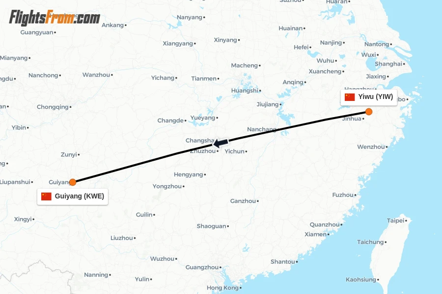 Flights from Yiwu to Guiyang route map