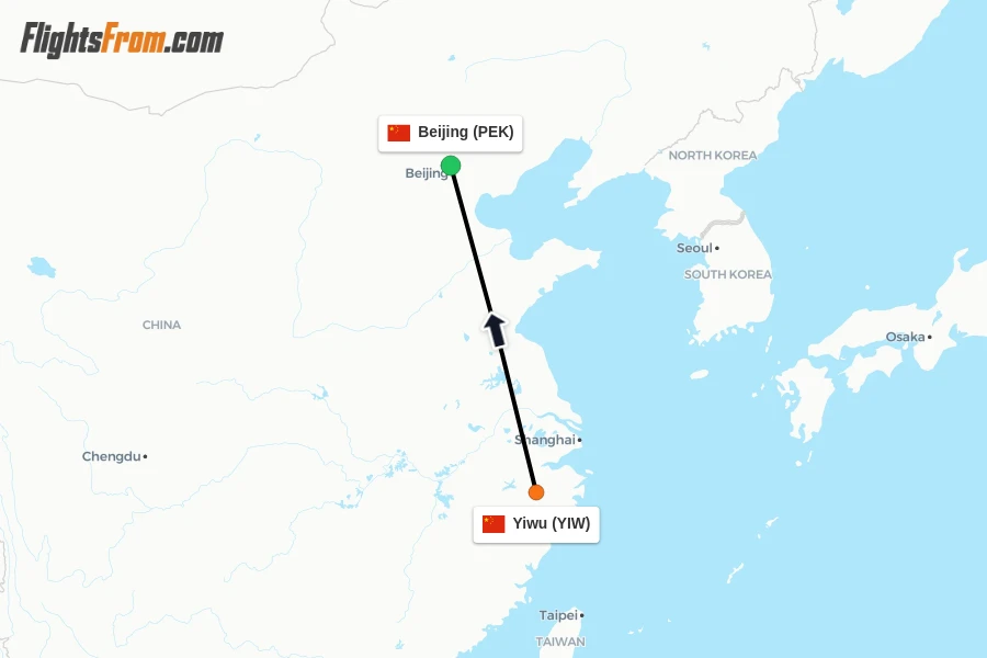 Flights from Yiwu to Beijing route map