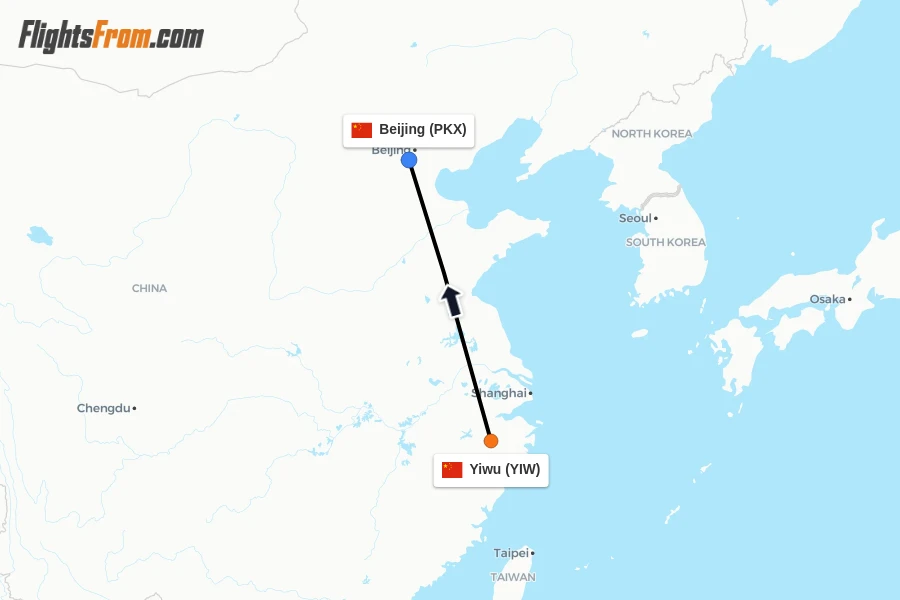 Flights from Yiwu to Beijing route map