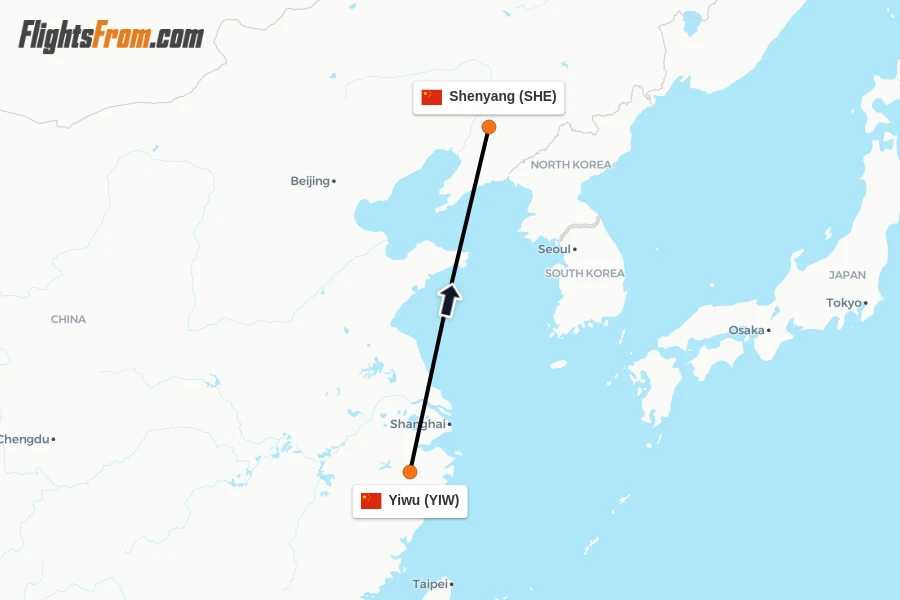 Flights from Yiwu to Shenyang route map