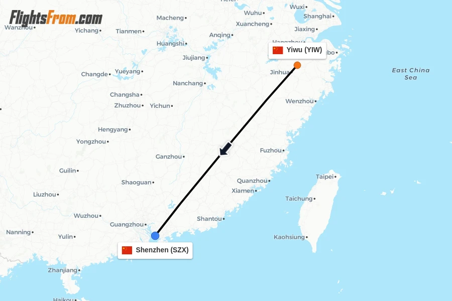 Flights from Yiwu to Shenzhen route map